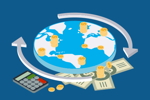 A circular map with coins sitting on various locations, surrounded by two arrows indicating a swap