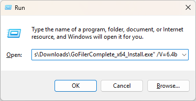 Windows Run command dialog showing the installer command