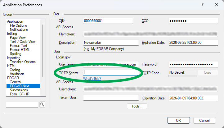 A screenshot of the GoFiler preferences dialog, set to the EDGAR Next preferences sheet. The field where the user sets the TOTP Secret key is circled in green.