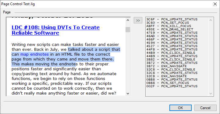 Dialog showing windows messages in a debug list.