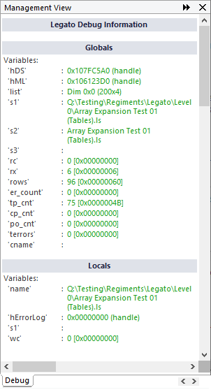 Management View with the Debug View tab open