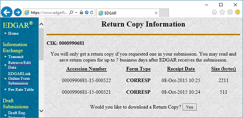 EDGAR: Return Copy Information